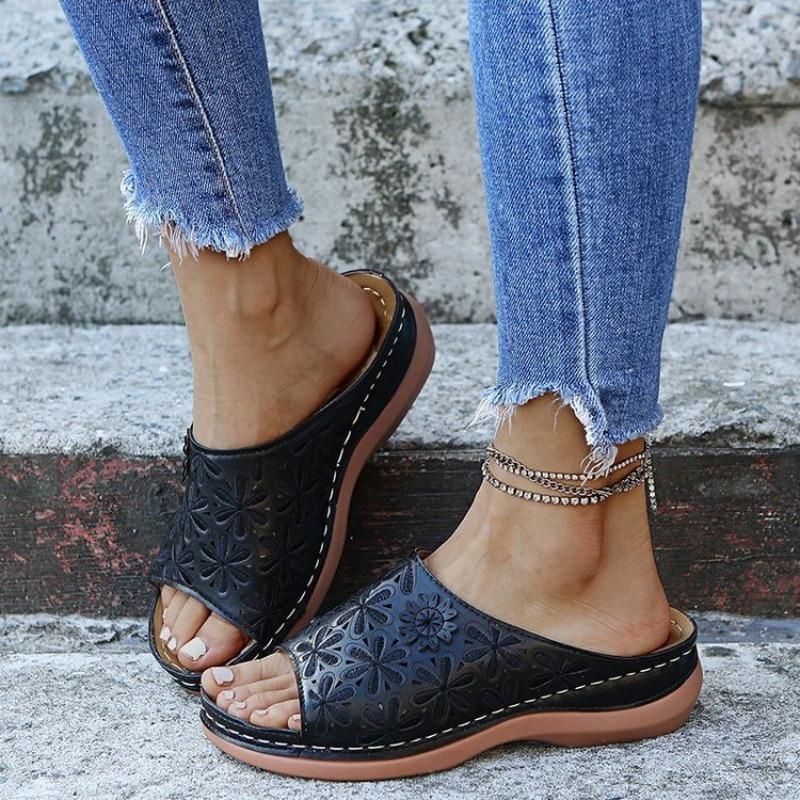 Large Size Women's Shoes Summer New Flowers Fish Mouth Sandals Hollow Slope Heel Cool Slippers Women