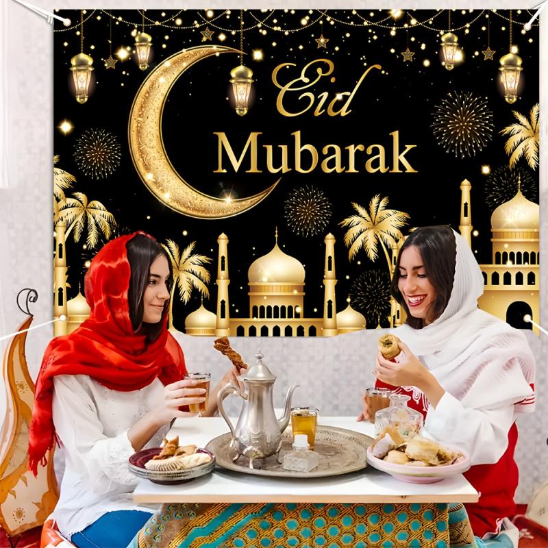 Black-Gold Eid Mubarak Tapestry Islamic Festival Wall Hanging Suitable For Home Party Living Room Outdoor Decor