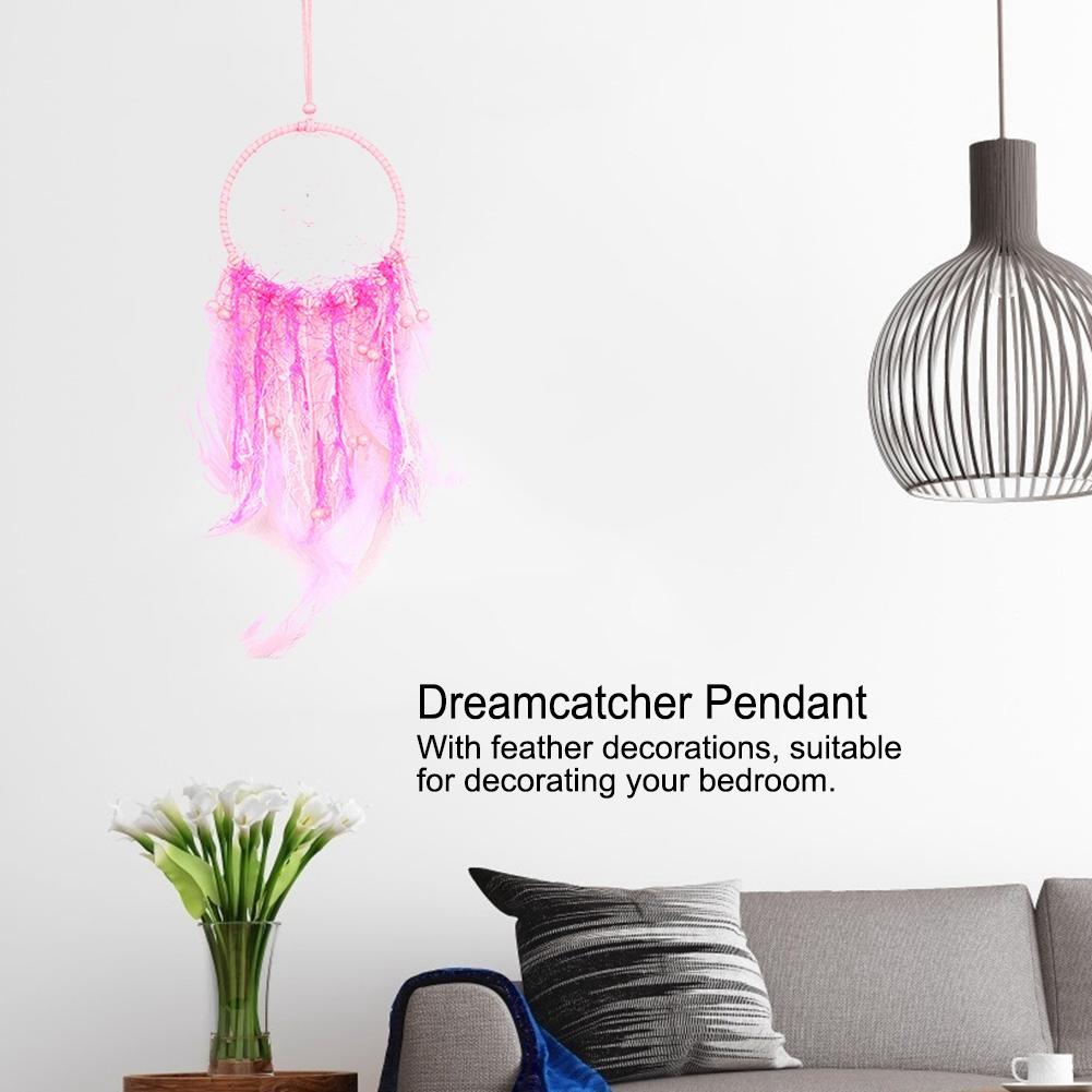 Wall Hanging Pink Feather Dreamcatcher Pendant Gift with Night Light for Home Party Decoration