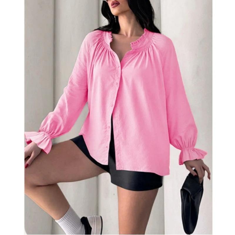 Spring and Autumn New Women's Elegant and Sweet Loose Casual Lantern Sleeve V-neck Ruffle Shirt