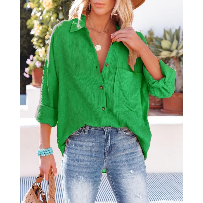 

Весенне-осенняя женская рубашка больших размеров, модный топ с длинными рукавами и карманами ярких цветов XL зелёный