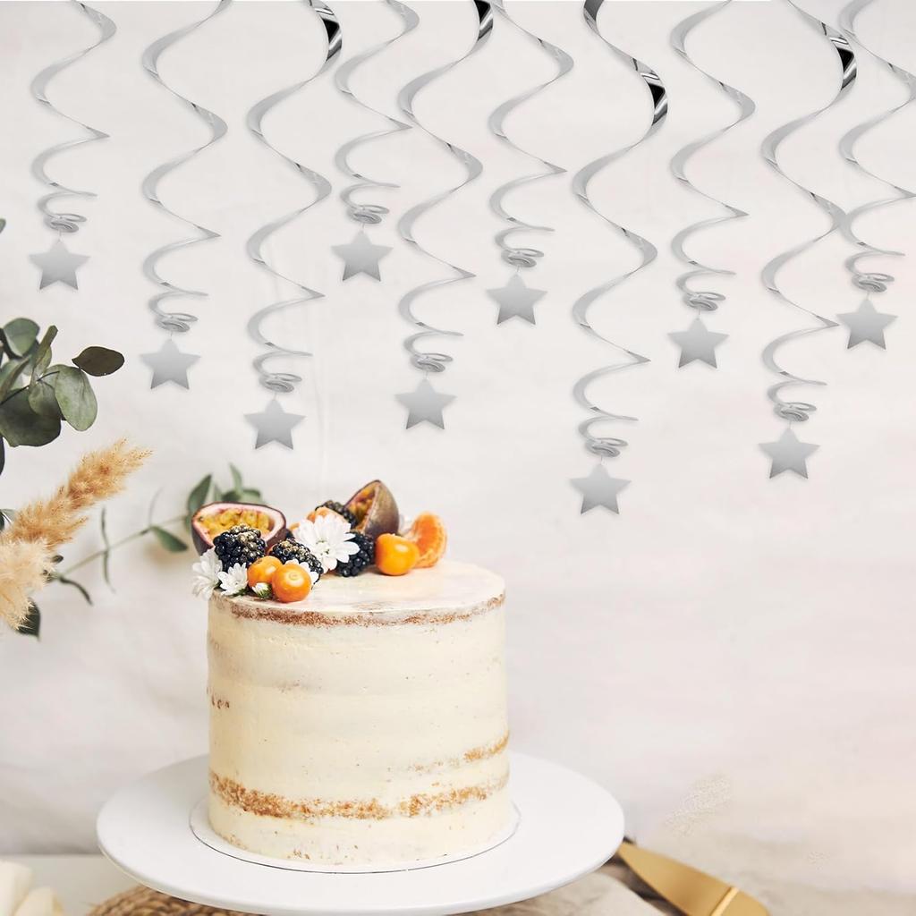 20 PCS Silver Hanging Stars for Ceiling, Silver Star Streamers Foil Swirls Party Decorations for Ceiling Graduation Wedding Baby Shower Party