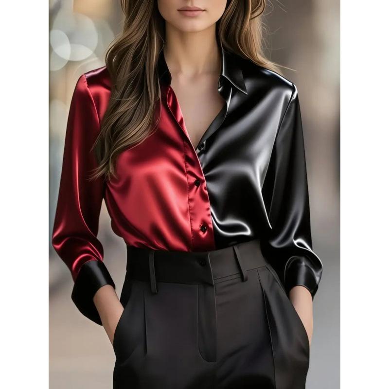 Spot 2025 New Elegant and Fashionable Double-Colored Lapel Button-Down Shirt for Women