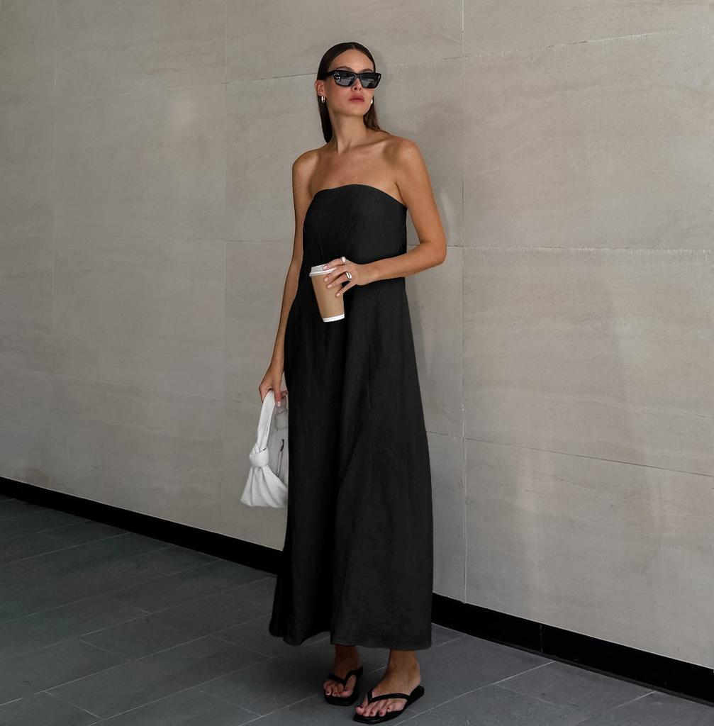 LYRIA French Khaki Cotton Linen Strapless Vacation Style High-waist Dress Backless European and American Summer New Style Long Dress for Women
