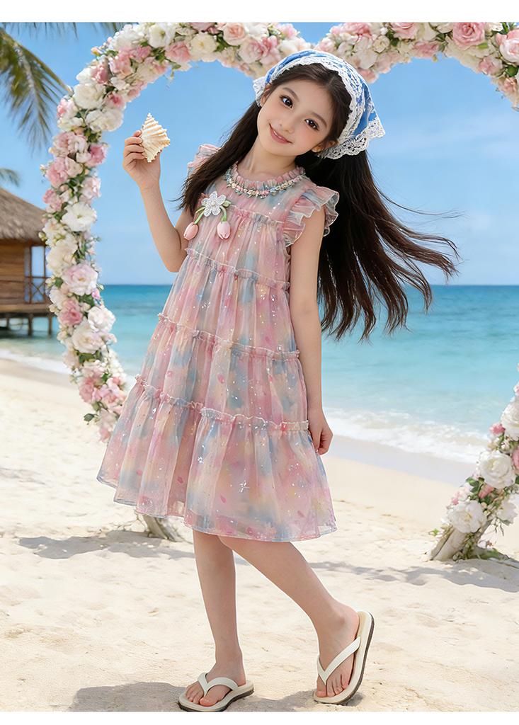 Girls' Summer Tank Top Skirt 2026 New Style Children's Sweet Little Girl Seaside Sprinkle Silver Flower Flying Sleeve Dress