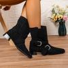 Fashion Buckle Belt Decor Thick Heels Ankle Boots Women Autumn Winter Pointed Toe Riding Boots Woman Slip on Faux Suede Booties