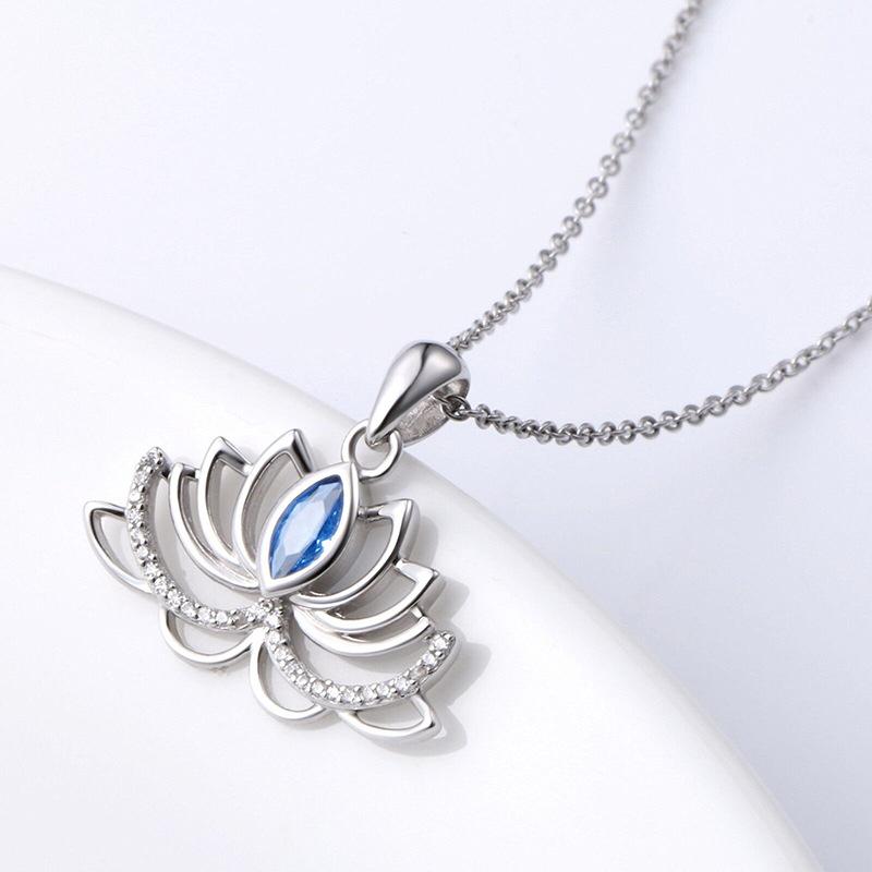 Lotus Flower Pendant Necklace for Women, Blue Crystal Yoga Inspired Necklace, Sparkling Floral Jewelry