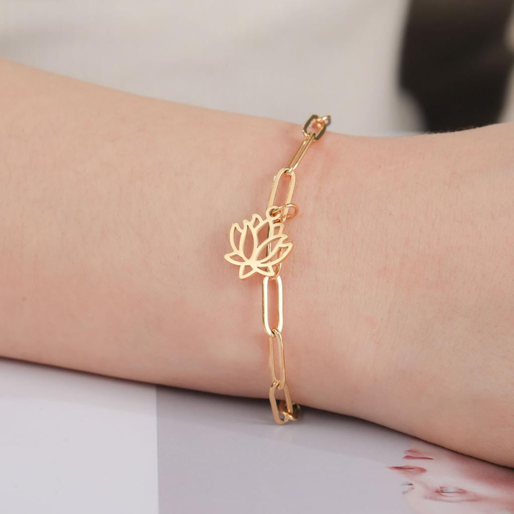 Lucktune Lotus Flower Charms Bracelets Stainless Steel Buddhism Gold Color Chain Bracelet for Women Fashion Boho Jewelry Gift