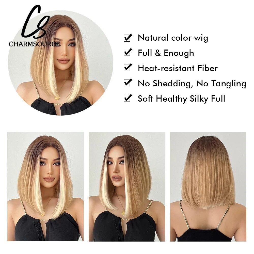 Short Straight Bob Synthetic Wigs with Bangs for Women Brown To Blonde Wig Cosplay Party Daily Heat Resistant Fiber Hair
