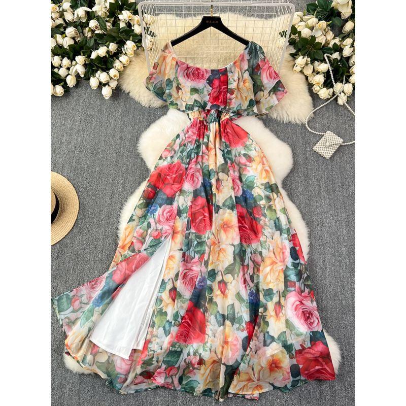 French Style Retro Print Tea Dress Women's Summer Gentle Waist Slim Looking Temperamental Fairy Ruffles Chiffon Dress