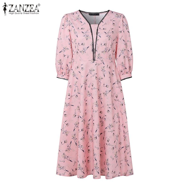 ZANZEA Womens Summer Loose Casual 3/4 Sleeve Print Dress