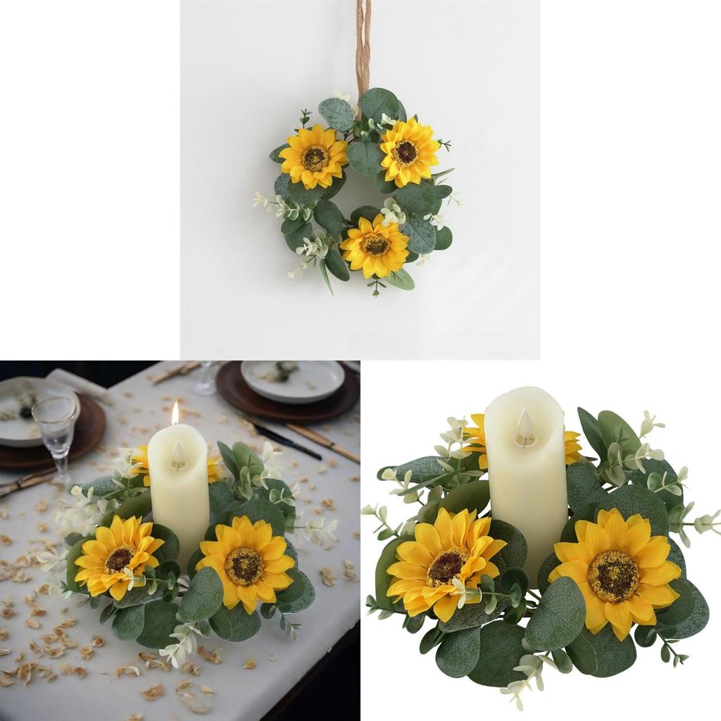 Artificial Sunflower Wreath Candle Ring With Eucalyptus For Wedding Table Centerpieces