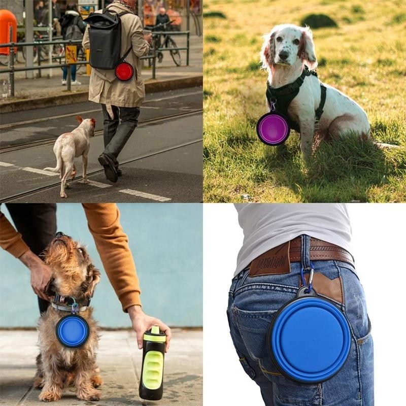 Folding Portable Silicone Dog Feeder Bowl 2 In 1 Pet Dispenser Outdoor Travel Dog with Carabiner Bottle Food Water Container