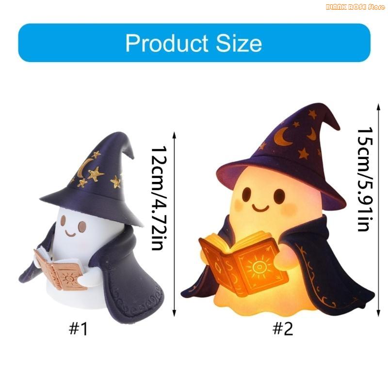 K1AE Ghostly Wizard Reading Book Nightlight Halloween Decors Warm Glows Lamp Resins Craft Ornament Homes Accent Gift Giving