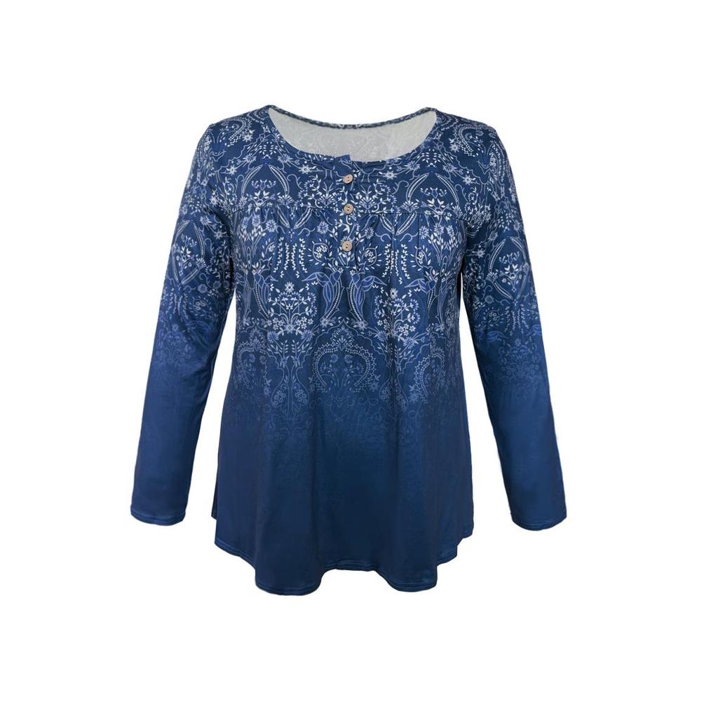 2025 Europäische & Amerikanische Übergröße Herbst Damen Print Knopf Langarm Oberteil T-Shirt