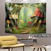 2D Whimsical Fairy Tale Forest Tapestry with Mushroom Cottage