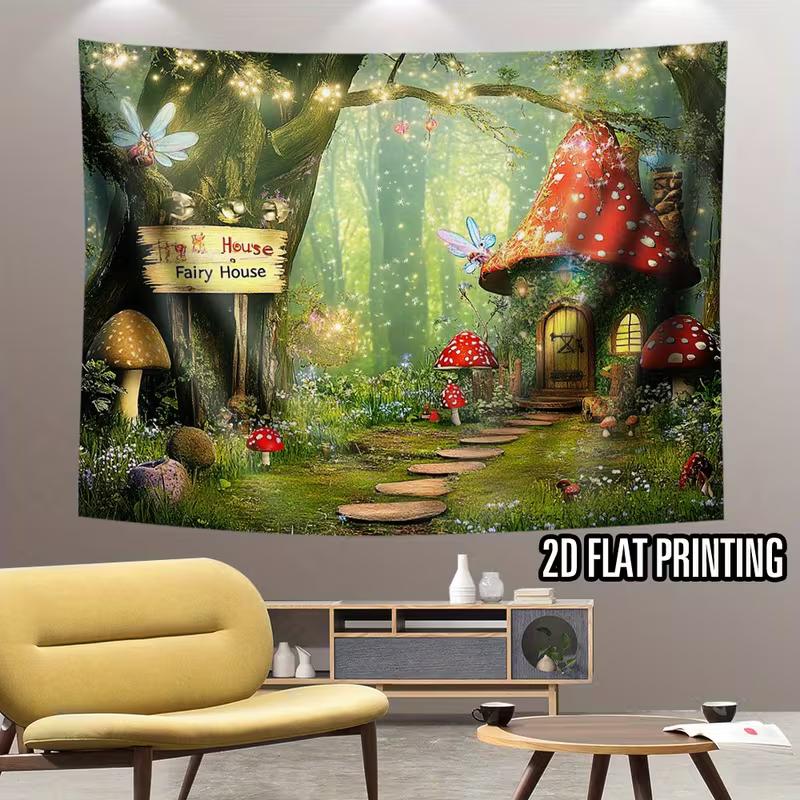 2D Whimsical Fairy Tale Forest Tapestry with Mushroom Cottage