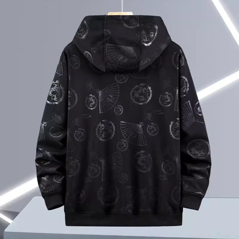 Plus Size Spring and Autumn Enlarged Men's Hooded Cardigan Jacket Loose Zipper Jacket Hooded Fashion Printed Jacket