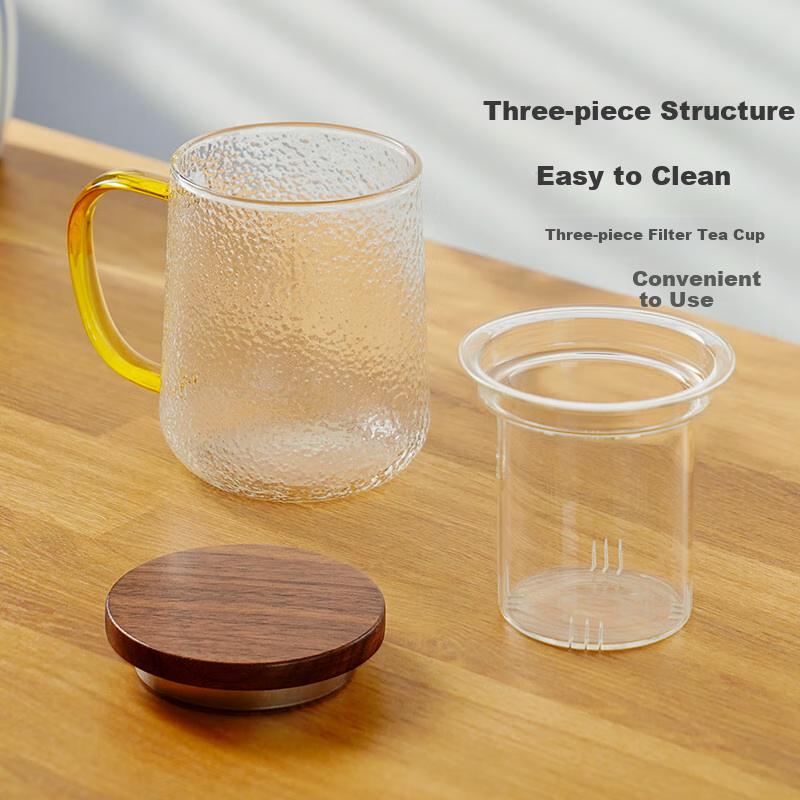Yaji High-End Glass Cup with Hammered Pattern, Tea Infuser Mug with Wooden Lid, Tea Brewing Cup for Office And Tea Ceremony, Drinking Tea Cup, 450ml