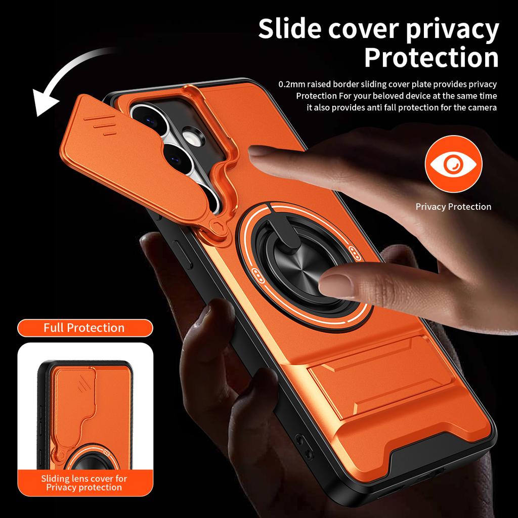 For Samsung Galaxy S25 FE Magnetic Case Ring Holder Foldable Kickstand TPU PC Phone Cover with Camera Lens Slider