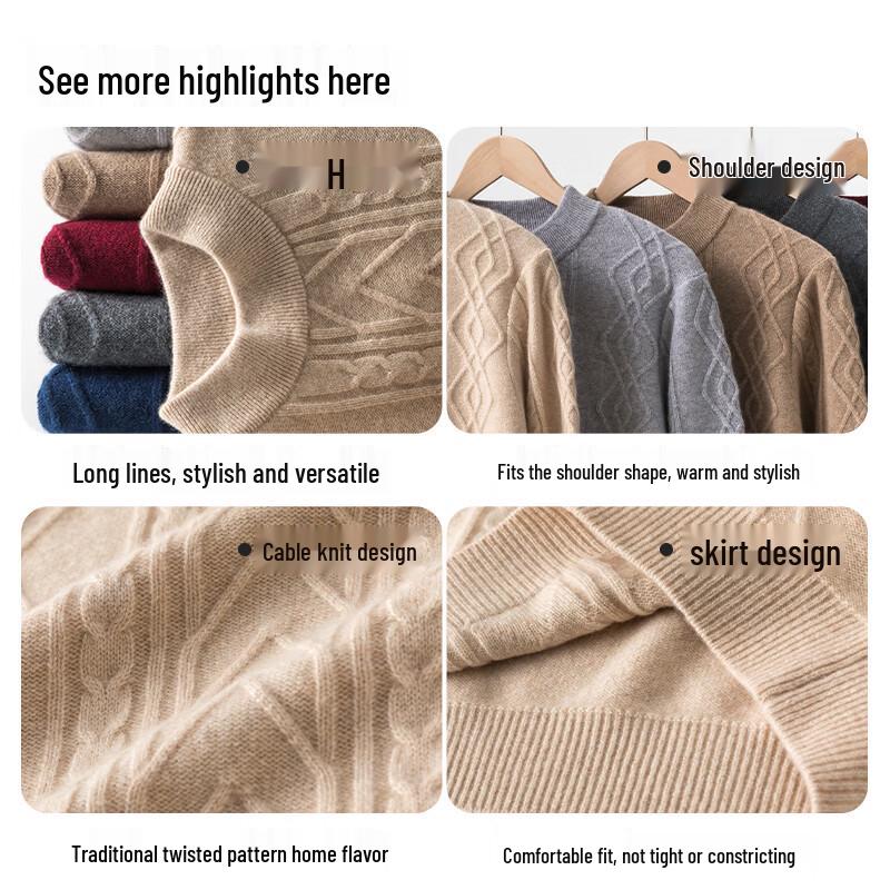 Hengyuanxiang Men's Pure Cashmere Thickened Round Neck Pullover Sweater