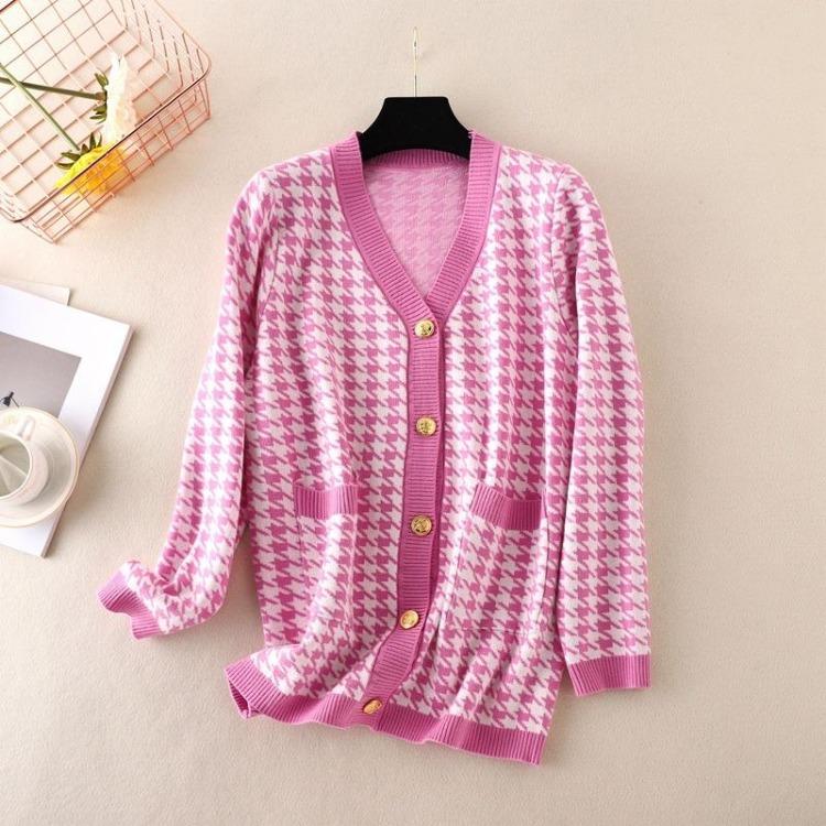 Women Casual Comfortable Knitted Cardigan Houndstooth V Neck Single Breasted Full Sleeve Top Black Gray Pink One Size