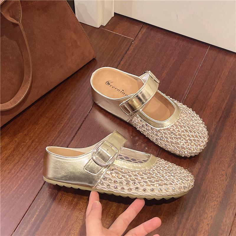 thick-soled inner height-increasing rhinestone bag head half slippers women's summer wear new fishing net shoes cool slippers single shoes