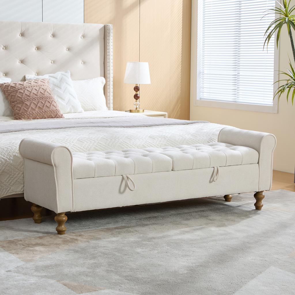 Modern Bench with 2 Lids, Velour Footstool with Rolled Armrests, As Daybed, Rubberwood Legs, for Living Room, Hallway, Bedroom, Color: Beige