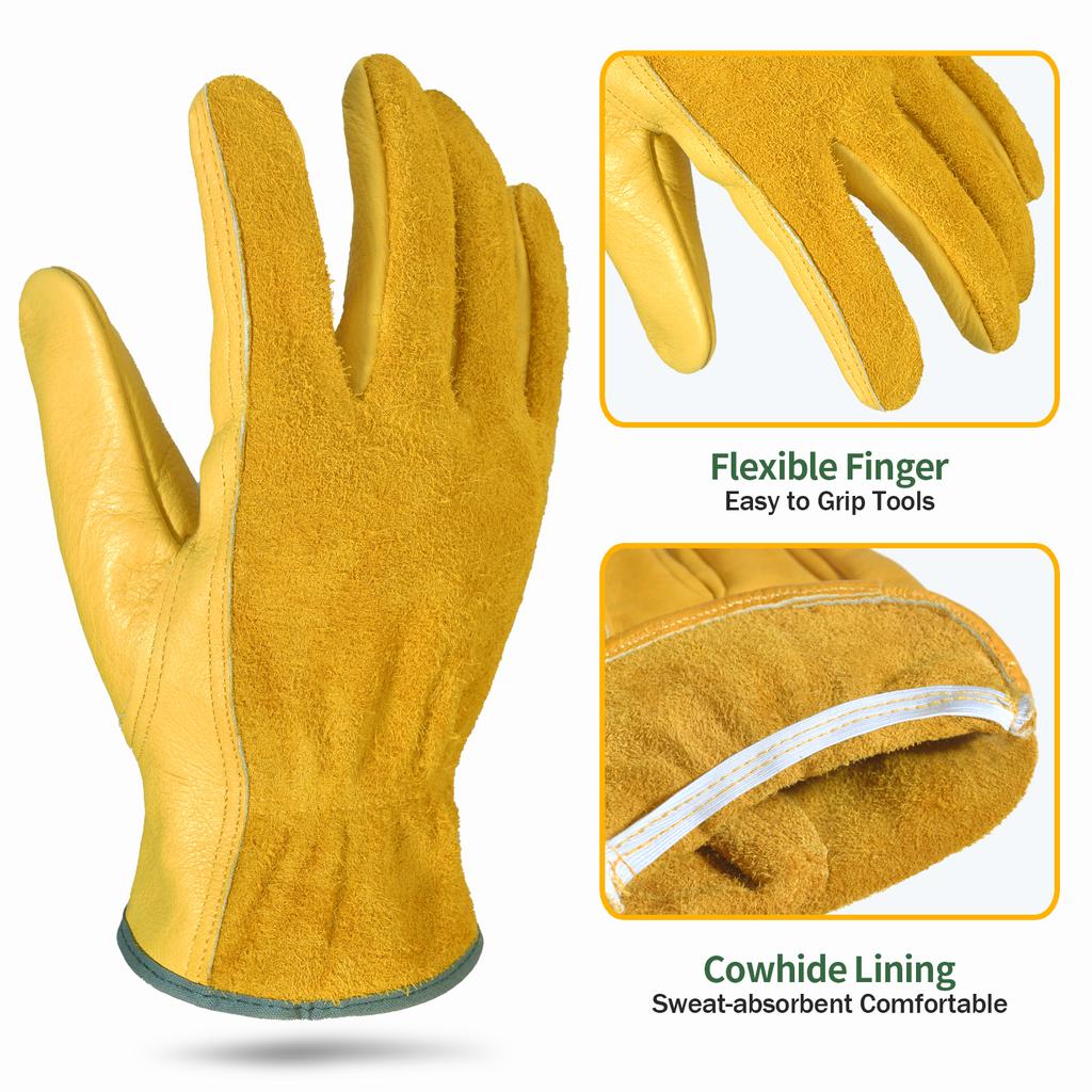 1pair Flex Grip Leather Work Gloves Stretchable Wrist Tough Cowhide Working Glove