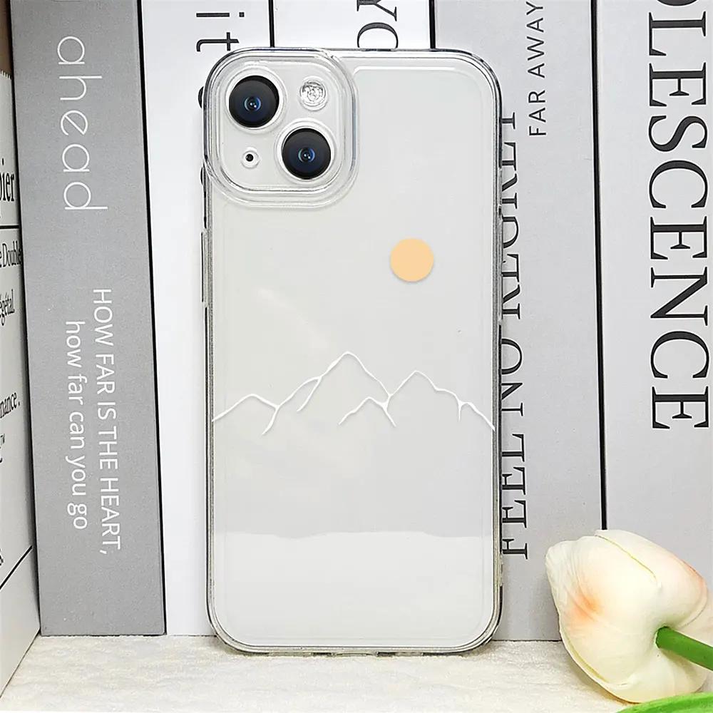 Line Mountain Scenery Phone Case for IPhone 16 Pro Max 11 12 13 Mini XS MAX X 7 8 14 15 Plus Cases Simple Sun Moon Couples Cover