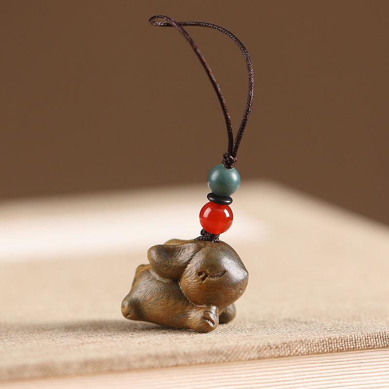 Sandalwood Year of the Rabbit Keychain - Women's Cute Rabbit Pendant for Schoolbag or Car Lanyard.