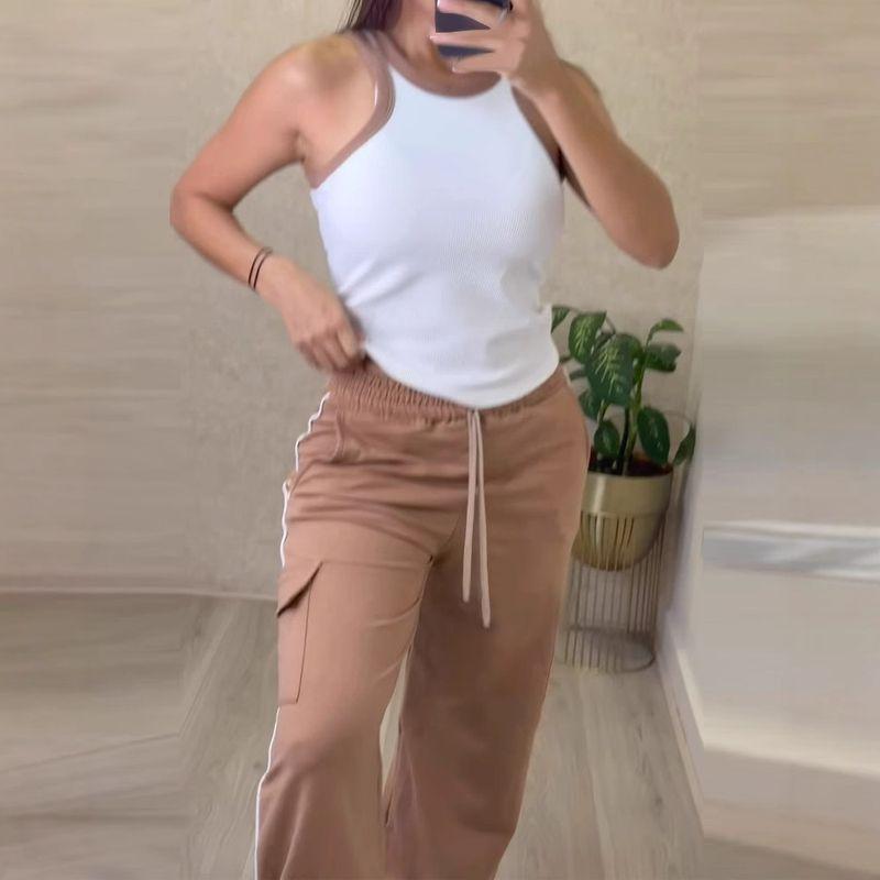

Contrast Color Stitching Sleeves Sunken Stripe Vest Ribbon Drawstring Overalls Casual Vest and Pants Set Khaki S