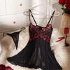 Sheer Rose Embroidery Backless Lingerie Set with Thong & Suspenders