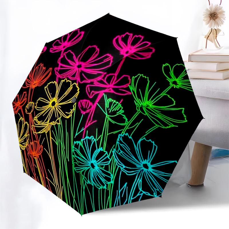 1pc Neon Flowers Artwork Umbrella with Plastic Handle,Compact & Stylish,Suitable for All Seasons ptys26049