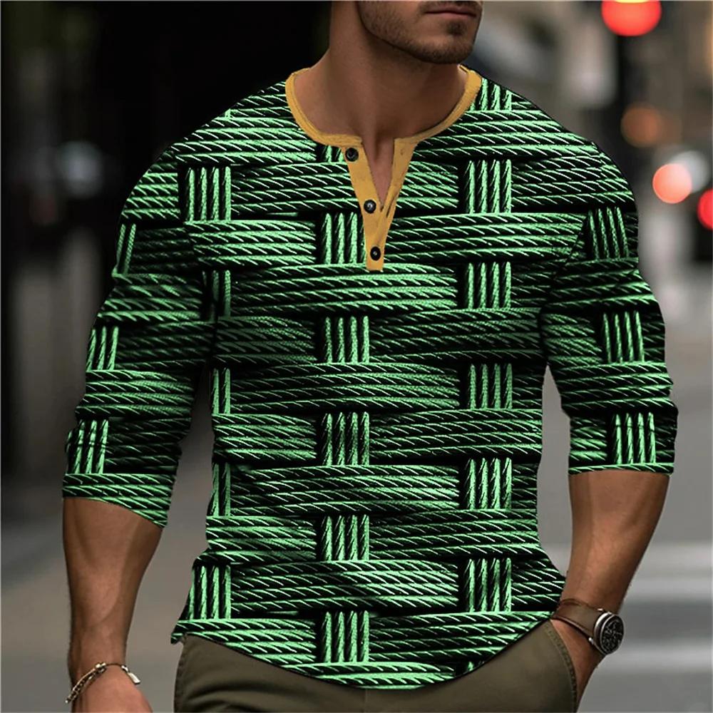 Chemises Henley Patchwork Color Block Automne Impression 3D Mode Homme Vintage Boutonnée Manches Longues T-Shirts Hauts Vêtements pour Homme