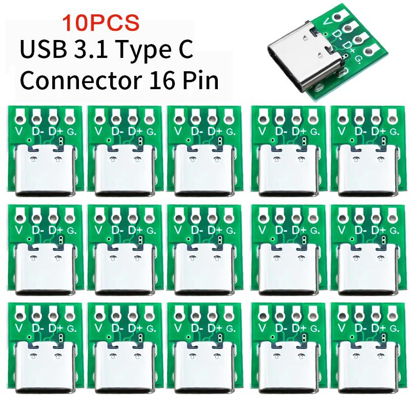 10Pcs USB 3.1 Type C Connector 16 Pin Test PCB Board Adapter 16P Connector Socket For Data Line Wire Cable Transfer