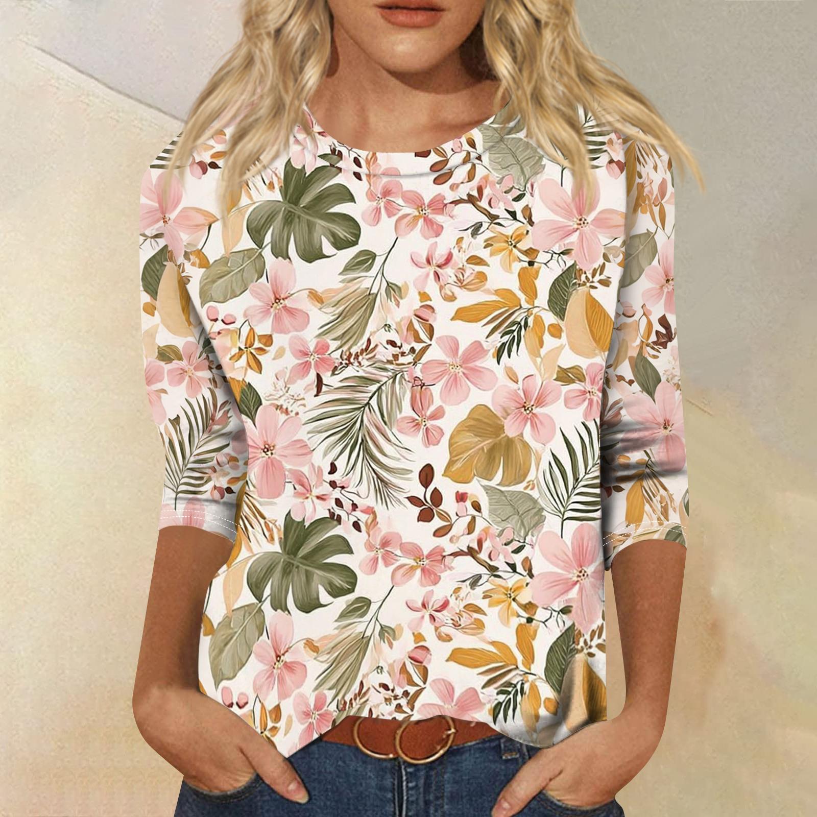 

Women’s Round Neck 3/4 Sleeve T Shirt with Tropical Leaf and Print Loose Fit Casual Top Blouse for Daily Wear XL