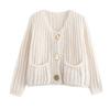 Women's Solid Color Single Breasted Double Pocket Cropped Chunky Knit Cardigan Jacket Sweater