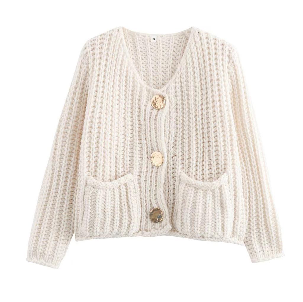 Women's Solid Color Single Breasted Double Pocket Cropped Chunky Knit Cardigan Jacket Sweater