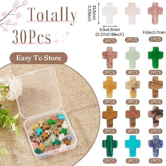 30 Pcs Gemstone Cross Beads Small Cross Crystal Stone Beads Turquoise Cross Beads Small Cross Crucifix Charms for Easter Holiday Bracelet Necklace