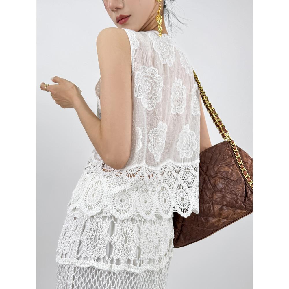 DIMANAF 2025 New Short Vest T-Shirt Women Sleeveless Buttons Knitting Lace Vest V-Neck Summer Basic Tops Tees Loose