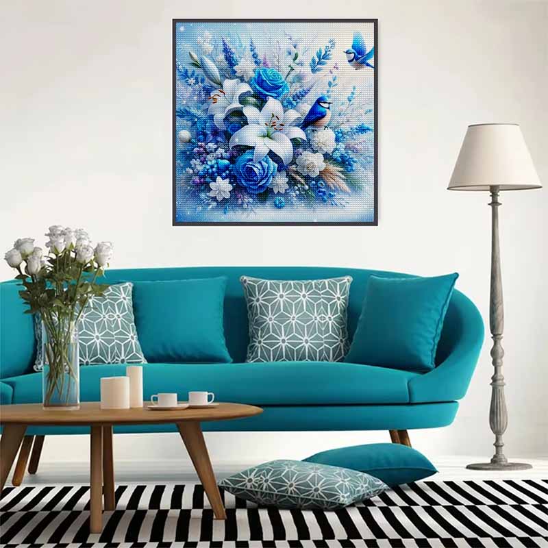 New Arrival 5D DIY Full Circle Diamond Painting "Blue Flowers and Birds" Embroidery Cross Stitch Home Decor Gift