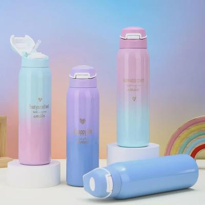 Gradient Color Thermos Cup with Duckbill Straw - 500ml, Korean Design, Stainless Steel