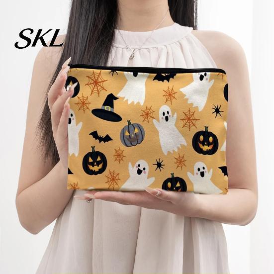 Spill Proof Stationery Holder Storage Bag, with Halloween Pumpkin Ghost Print, Smooth Themed Travel Bag Zipper Canvas Makeup for Cosmetic Organizer
