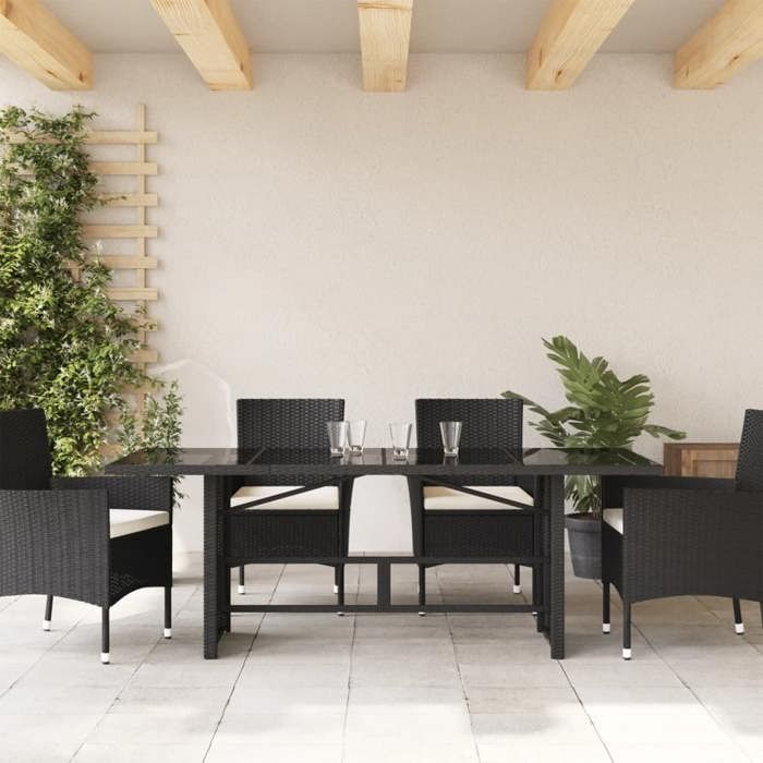 VidaXL Garden Table with Black Glass Top, Woven Resin, Outdoor Table, Garden Dining Table, Furniture of 365602