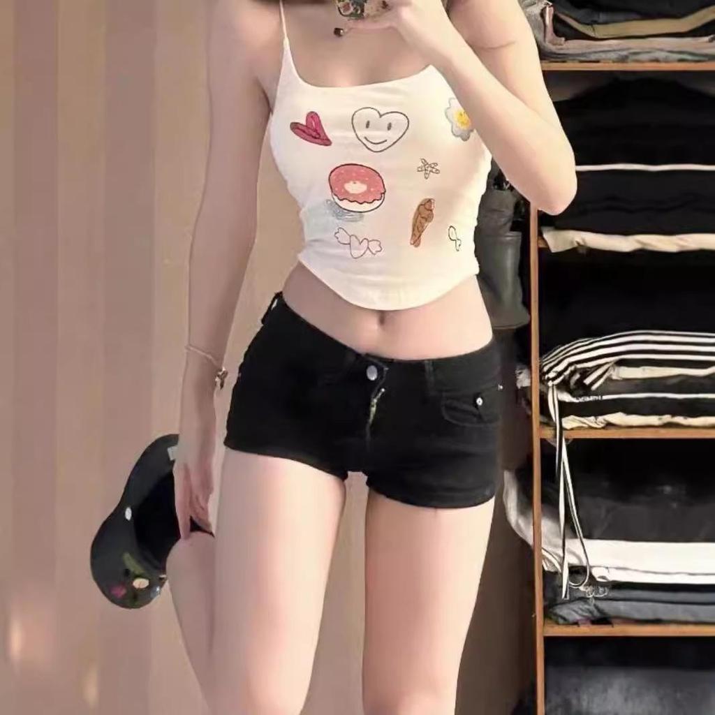 Spring-Summer Black Low-Waist Slimming Leggings and Ultra-Short Denim Hot Pants