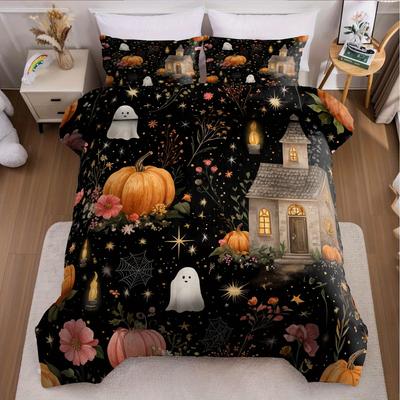 3-teiliges Halloween Kürbis Monster Bettbezug-Set ohne Füllung, Bettbezug mit 2 KissenbezügenWeich und Maschinenwaschbar