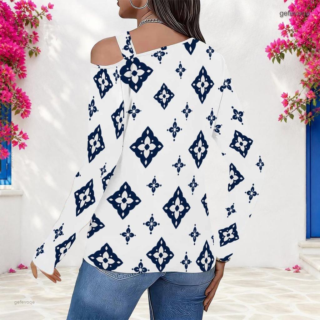 Women Plus Size Asymmetric Cutout Neck Cold Shoulder Long Sleeve Navy Geometric Printed Top