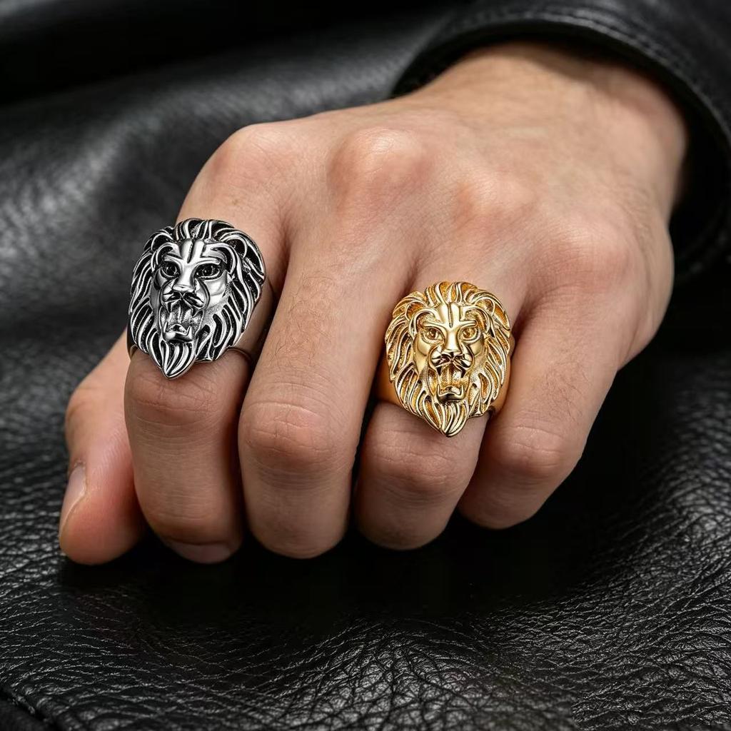 Men's 3D Lion Head Ring 316L Stainless Steel Gothic Punk Biker Statement Ring, Waterproof Animal Totem Jewelry for Men