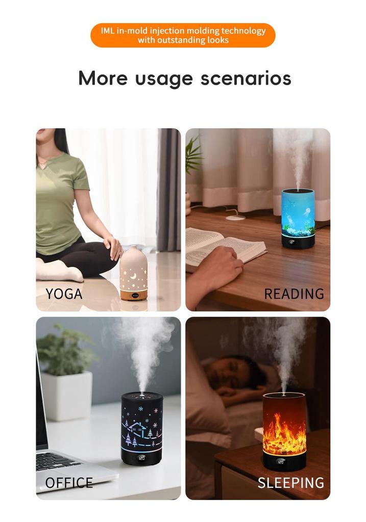 USB Desktop Aroma Diffuser with Flame Effect, Large Mist Humidifier, RGB Ambient Light - Ideal for Hotels & Commercial Spaces